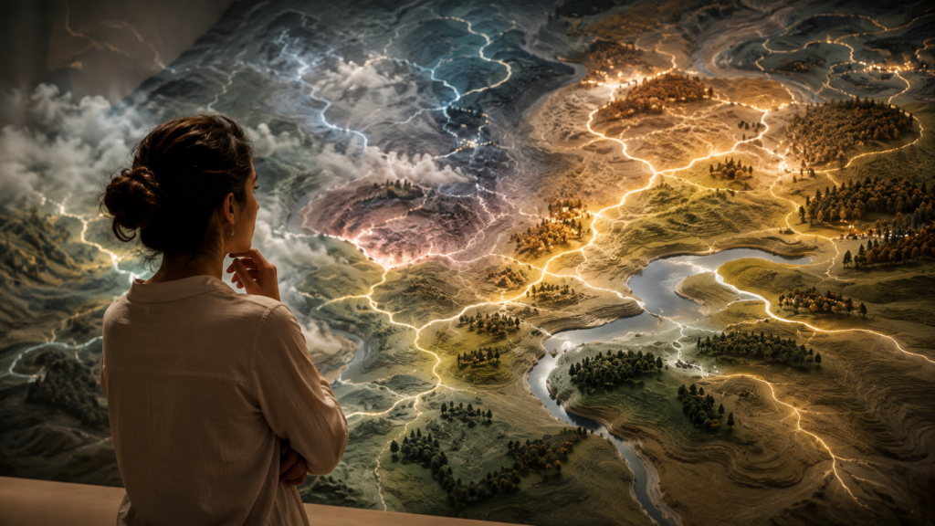 Mulher observa mapa simbólico com caminhos entre áreas nebulosas e iluminadas, representando a compreensão das emoções.