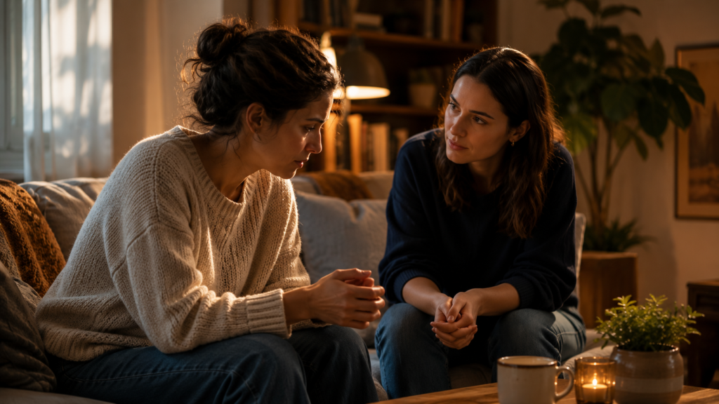 Duas mulheres conversam em ambiente acolhedor, representando vulnerabilidade, empatia e conexão emocional.