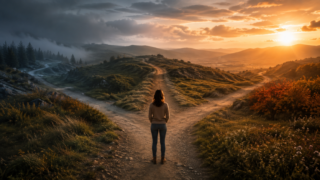 Mulher diante de caminhos com atmosferas distintas, simbolizando emoções como sinais para compreender e decidir.
