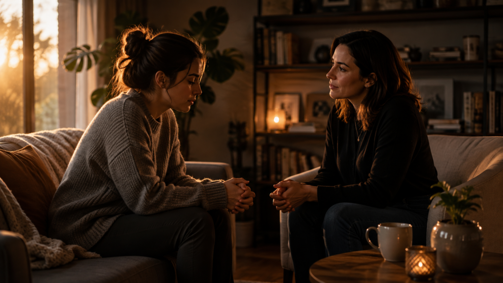 Duas mulheres conversam com confiança em ambiente acolhedor, simbolizando vulnerabilidade, vergonha e conexão.
