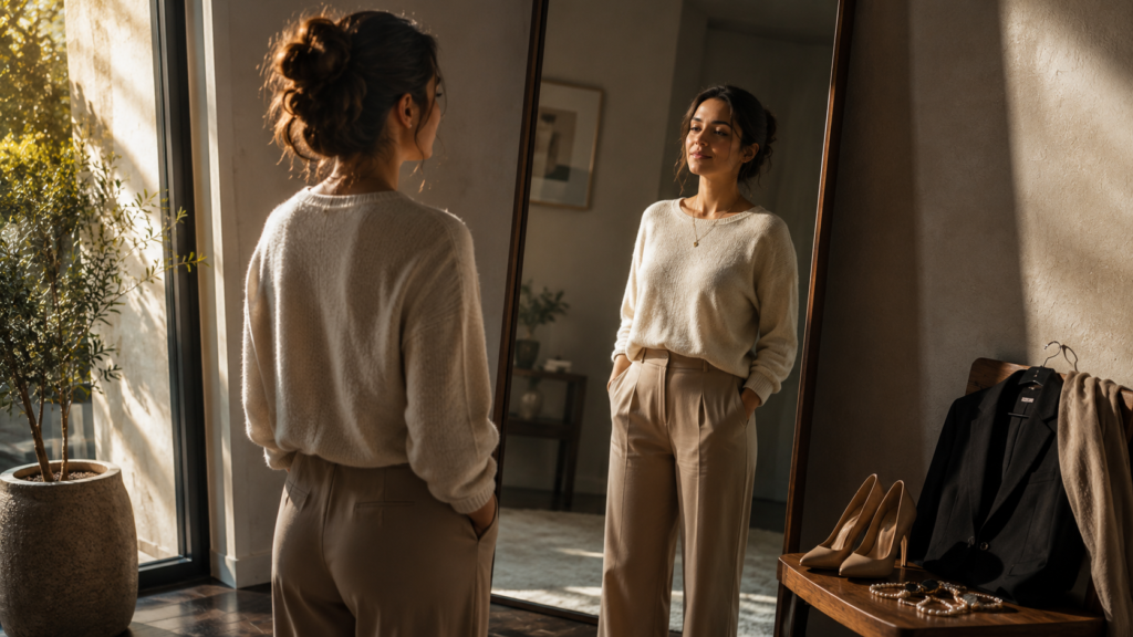Mulher observa o próprio reflexo após deixar acessórios de lado, simbolizando autenticidade e aceitação pessoal.
