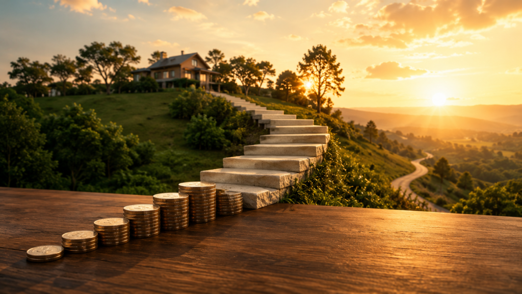 Moedas formam degraus em direção a uma paisagem iluminada, simbolizando planejamento financeiro e construção do futuro.