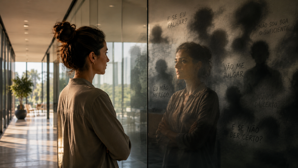 Mulher diante de reflexos distorcidos representa como nossas interpretações podem transformar uma experiência difícil.