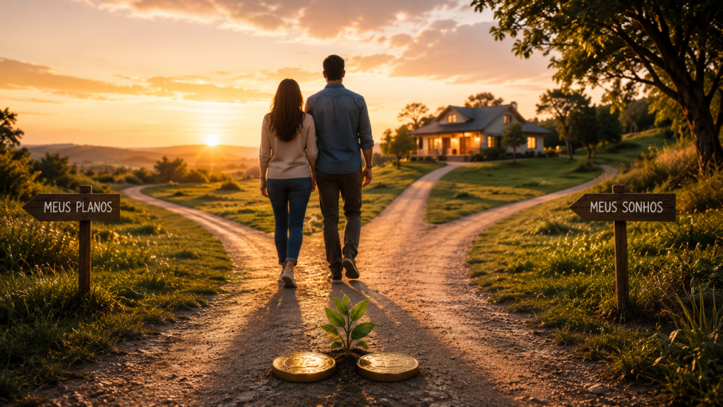 Casal seguindo por caminhos que se unem, simbolizando planejamento financeiro e objetivos compartilhados.