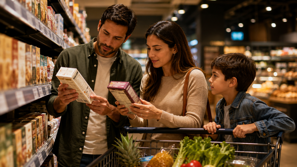 Criança observa os pais comparando produtos antes da compra, aprendendo educação financeira pelo exemplo.