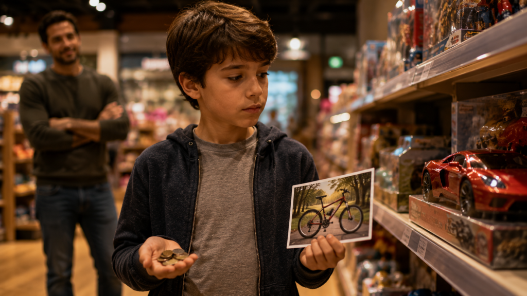 Criança decide entre comprar um brinquedo agora ou guardar dinheiro para alcançar o objetivo de ter uma bicicleta.