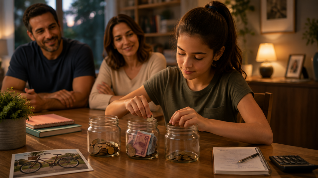 Jovem organiza seu próprio dinheiro enquanto os pais dão espaço para desenvolver autonomia e responsabilidade financeira.