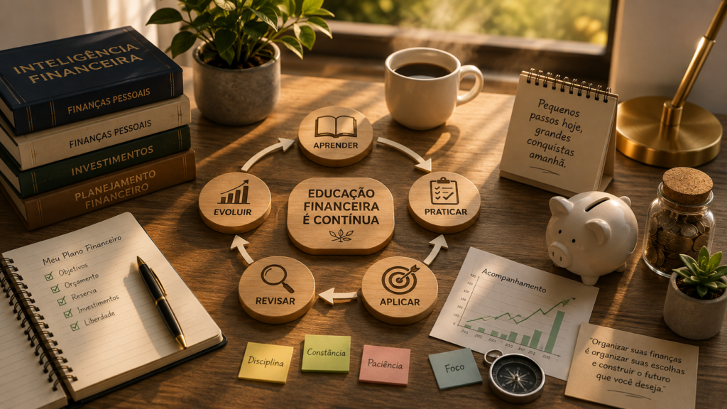 Etapas de aprendizado contínuo representam a evolução da educação financeira ao longo do tempo.