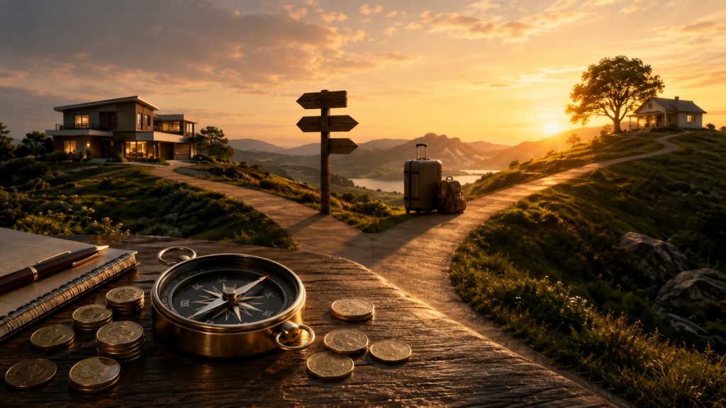 Caminhos levam a diferentes objetivos financeiros, mostrando que investir começa pela definição de uma meta.