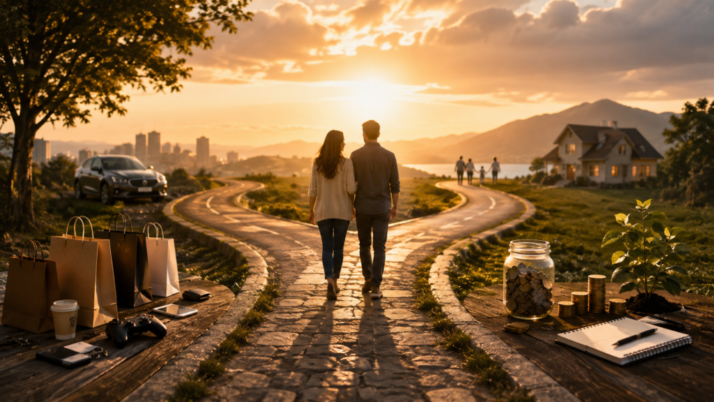 Dois caminhos financeiros se unem enquanto um casal segue junto em direção a objetivos compartilhados.