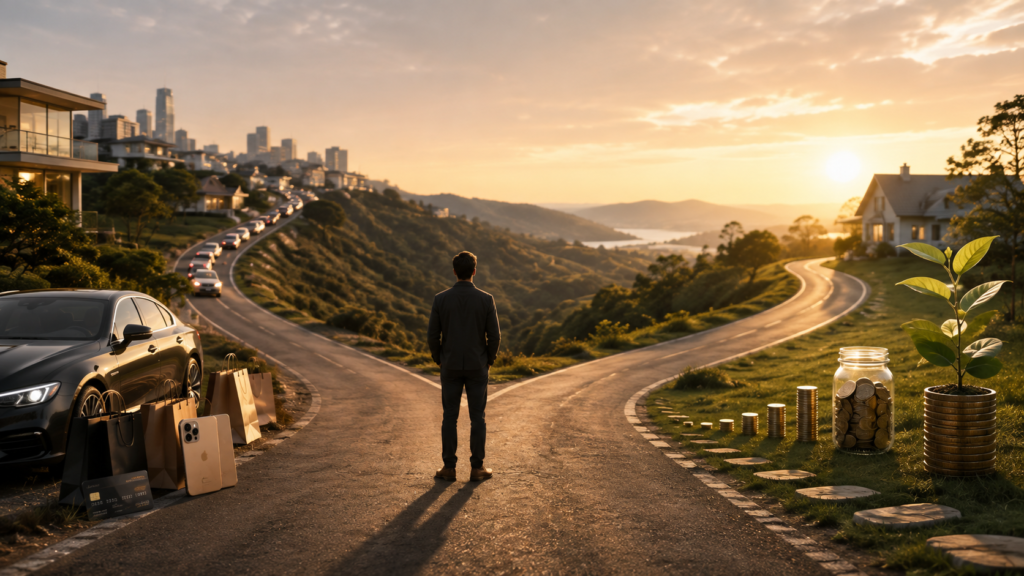 Dois caminhos mostram como o aumento da renda pode virar mais consumo ou construção de patrimônio.