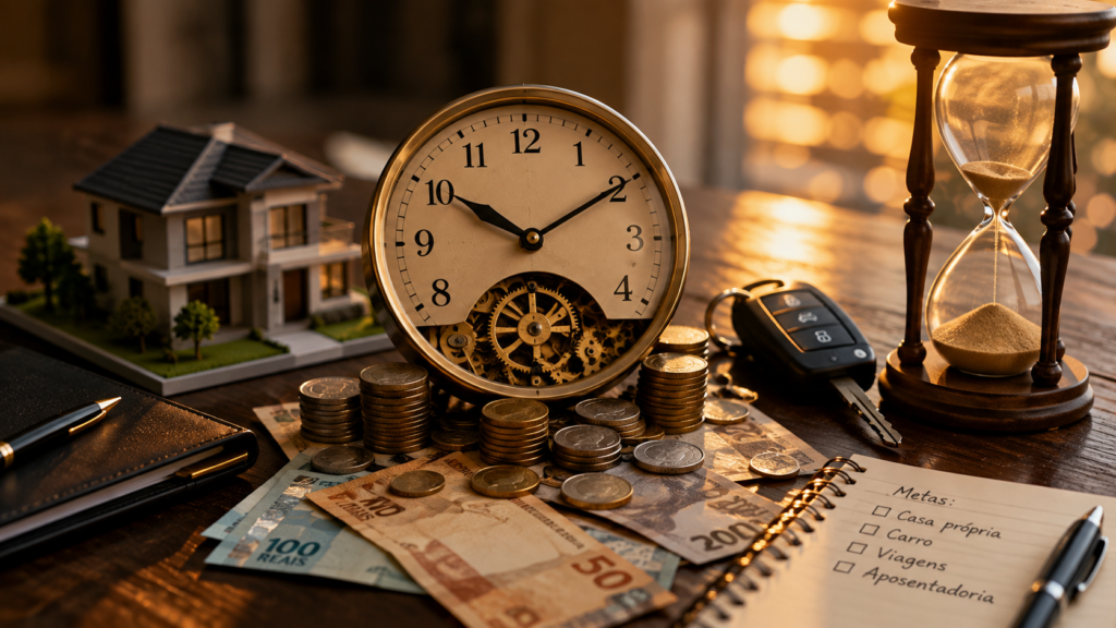 Relógio, dinheiro, ampulheta, casa e chave representam o custo em tempo das escolhas financeiras.