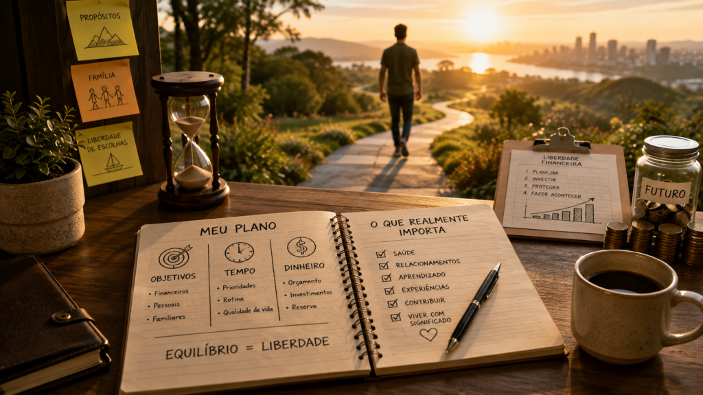 Planejamento de objetivos, tempo e dinheiro como parte de um projeto de vida equilibrado.