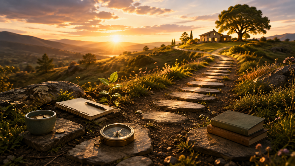 Pequenas pedras formam um caminho até um futuro estável, simbolizando o efeito das escolhas diárias.