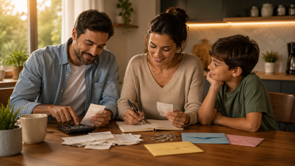 Criança observa os pais organizando as finanças da família e aprende educação financeira pelo exemplo.