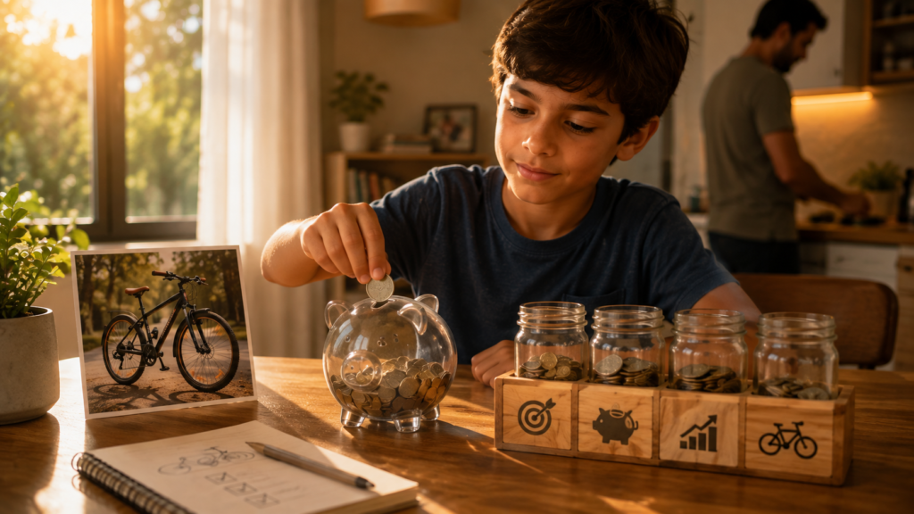 Criança guarda moedas para alcançar uma meta, aprendendo planejamento e propósito financeiro.
