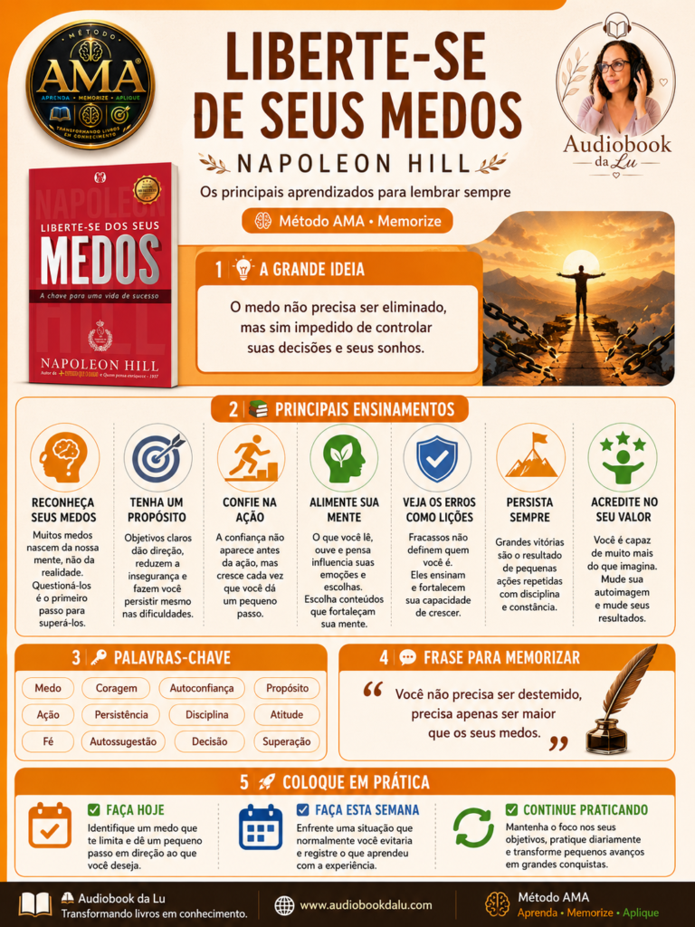Infográfico do Método AMA – etapa 🟧🧠 Memorize – sobre o livro "Liberte-se de Seus Medos", de Napoleon Hill. O layout utiliza predominância da cor laranja, com detalhes em branco e dourado. No topo aparecem o selo oficial do Método AMA, a capa do livro e a logo do Audiobook da Lu. A seção "A Grande Ideia" destaca que o medo não precisa ser eliminado, mas impedido de controlar as decisões e os sonhos. Em seguida, sete ensinamentos ilustrados apresentam os principais conceitos da obra: reconhecer os medos, ter um propósito, confiar na ação, alimentar a mente, ver os erros como lições, persistir e acreditar no próprio valor. A parte inferior reúne palavras-chave como medo, coragem, autoconfiança, propósito, persistência e superação, além de uma frase inspiradora sobre ser maior que os próprios medos. O infográfico termina com três ações práticas: fazer hoje, fazer nesta semana e continuar praticando, reforçando a aplicação dos ensinamentos. No rodapé estão a assinatura do Audiobook da Lu, o endereço www.audiobookdalu.com e a identidade visual do Método AMA.