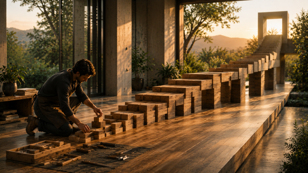 Pequenas peças formam uma estrutura sólida, simbolizando o crescimento profissional construído com ações consistentes.