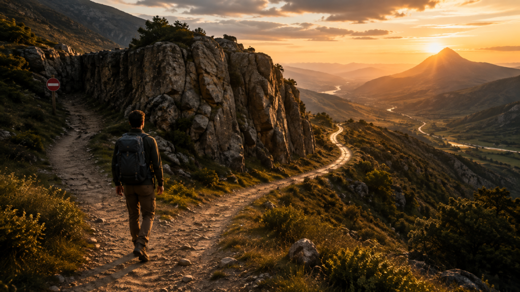 Pessoa contorna um obstáculo e segue por nova rota até o mesmo destino, simbolizando persistência com adaptação.