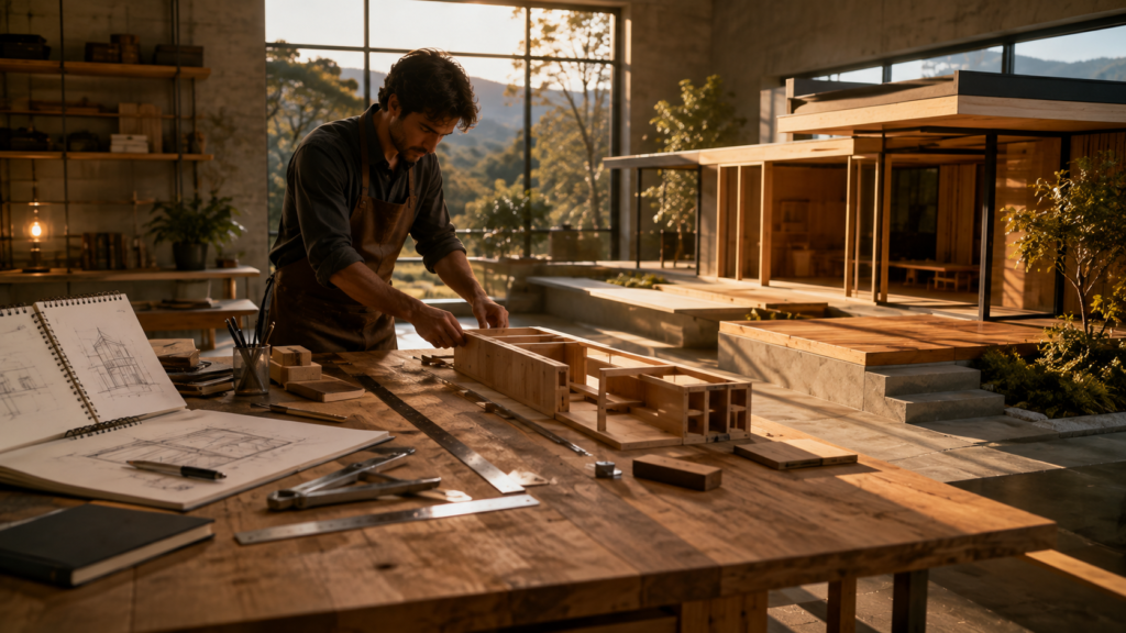 Pessoa transforma um planejamento em estrutura concreta, representando a passagem do conhecimento para a ação.