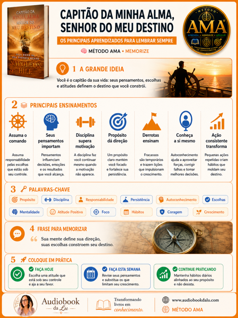 Infográfico do Método AMA sobre o livro "Capitão da Minha Alma, Senhor do Meu Destino", de Napoleon Hill, em layout vertical nas cores laranja, azul e verde. No topo, aparecem a capa do livro, o selo oficial do Método AMA e o título "Os principais aprendizados para lembrar sempre". O conteúdo é organizado em cinco blocos: a grande ideia, que destaca a importância de assumir o controle da própria vida; seis ensinamentos ilustrados por ícones sobre responsabilidade, pensamentos, disciplina, propósito, aprendizado com derrotas e autoconhecimento; uma seção com palavras-chave como propósito, disciplina, persistência, responsabilidade e crescimento; uma frase para memorizar sobre como pensamentos e escolhas constroem o destino; e três ações práticas para aplicar os ensinamentos no dia a dia. No rodapé estão a logomarca do Audiobook da Lu, o endereço do site e a assinatura "Transformando livros em conhecimento".