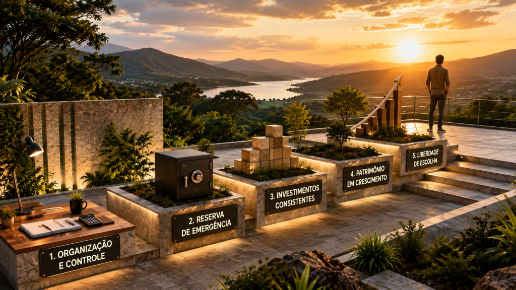 Construção em etapas representa organização, reserva, investimentos e maior liberdade financeira.