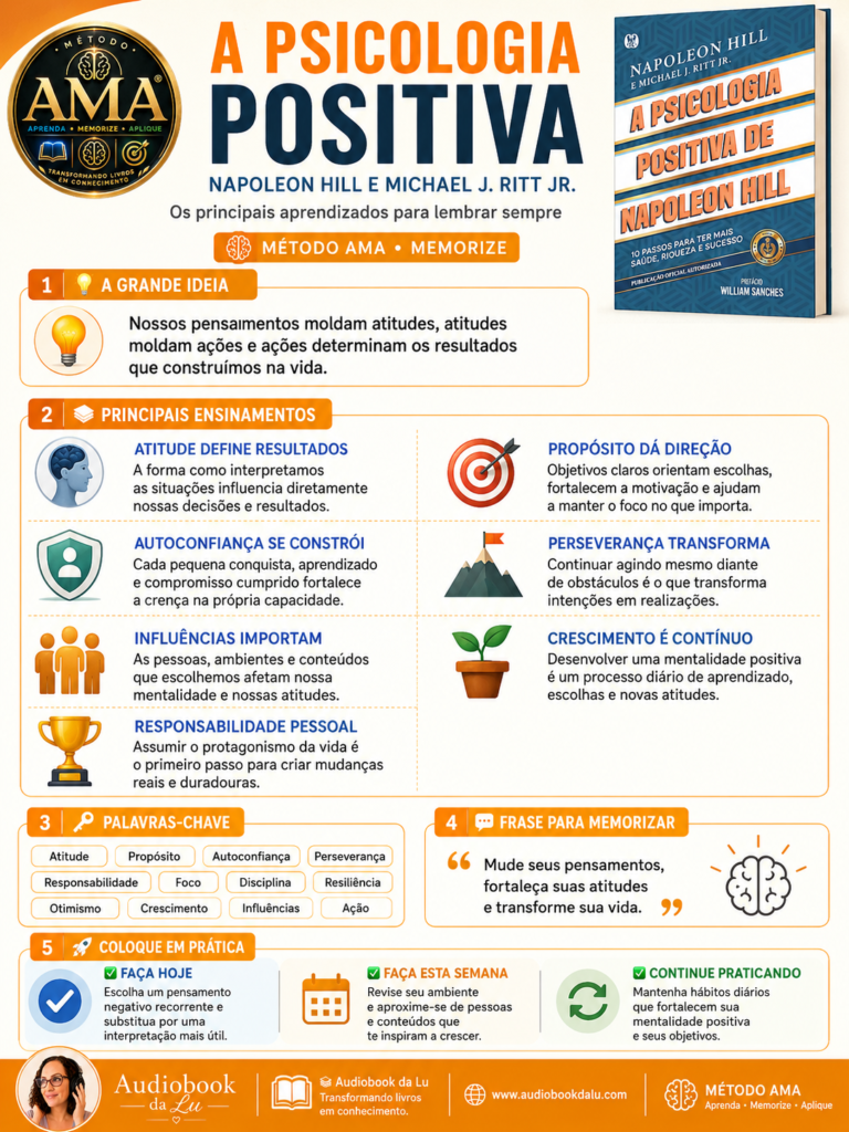 Infográfico do Método AMA sobre o livro "A Psicologia Positiva", de Napoleon Hill e Michael J. Ritt Jr., com layout em tons de laranja, azul e branco. No topo aparecem o selo oficial do Método AMA, o título do livro, o subtítulo "Os principais aprendizados para lembrar sempre" e a capa da obra. O conteúdo está organizado em cinco blocos: A Grande Ideia, destacando que pensamentos moldam atitudes, atitudes moldam ações e ações determinam resultados; Principais Ensinamentos, com sete conceitos ilustrados por ícones, incluindo atitude define resultados, propósito dá direção, autoconfiança se constrói, perseverança transforma, influências importam, crescimento é contínuo e responsabilidade pessoal; Palavras-chave, reunindo termos como atitude, propósito, autoconfiança, perseverança, responsabilidade, foco, disciplina, resiliência, otimismo, crescimento, influências e ação; Frase para Memorizar, com a mensagem "Mude seus pensamentos, fortaleça suas atitudes e transforme sua vida"; e Coloque em Prática, sugerindo uma ação para hoje, uma para esta semana e uma prática contínua. No rodapé aparecem a logo do Audiobook da Lu, o endereço www.audiobookdalu.com e a assinatura "Método AMA – Aprenda, Memorize e Aplique".