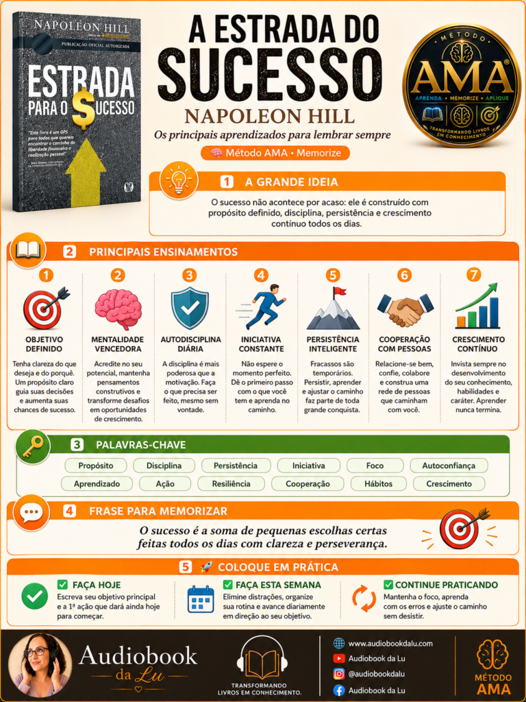 Infográfico do Método AMA sobre o livro "Estrada para o Sucesso", de Napoleon Hill. O layout apresenta a capa do livro no canto superior esquerdo, o selo oficial do Método AMA no canto superior direito e a identidade visual do Audiobook da Lu. A seção "A Grande Ideia" destaca que o sucesso é construído com propósito definido, disciplina, persistência e crescimento contínuo. Em seguida, sete ensinamentos são ilustrados com ícones: objetivo definido, mentalidade vencedora, autodisciplina diária, iniciativa constante, persistência inteligente, cooperação com pessoas e crescimento contínuo. A área de palavras-chave reúne conceitos como propósito, disciplina, persistência, iniciativa, foco, autoconfiança, aprendizado, ação, resiliência, cooperação, hábitos e crescimento. O infográfico traz ainda uma frase para memorizar sobre o sucesso ser resultado de pequenas escolhas corretas feitas diariamente e um bloco de aplicação prática com ações para fazer hoje, nesta semana e continuar praticando. No rodapé aparecem a logo do Audiobook da Lu, o slogan "Transformando livros em conhecimento", o endereço www.audiobookdalu.com e os ícones das redes sociais.