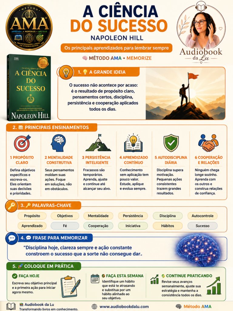 Infográfico do Método AMA sobre o livro "A Ciência do Sucesso", de Napoleon Hill, com layout vertical nas cores laranja, azul, verde e creme. No topo aparecem o selo oficial do Método AMA, o título do livro, a logo do Audiobook da Lu e a capa da obra. O conteúdo está organizado em cinco blocos: A Grande Ideia, resumindo que o sucesso resulta de propósito, disciplina, persistência e cooperação; Principais Ensinamentos, com seis conceitos ilustrados (propósito claro, mentalidade construtiva, persistência inteligente, aprendizado contínuo, autodisciplina diária e cooperação); Palavras-chave, destacando termos como propósito, objetivos, mentalidade, persistência, disciplina, autocontrole, aprendizado, fé, cooperação, iniciativa, hábitos e sucesso; Frase para Memorizar, reforçando que disciplina, clareza e ação constante constroem o sucesso; e Coloque em Prática, com três ações objetivas para hoje, esta semana e de forma contínua. O rodapé apresenta a identidade visual do Audiobook da Lu, o endereço www.audiobookdalu.com e a assinatura do Método AMA.