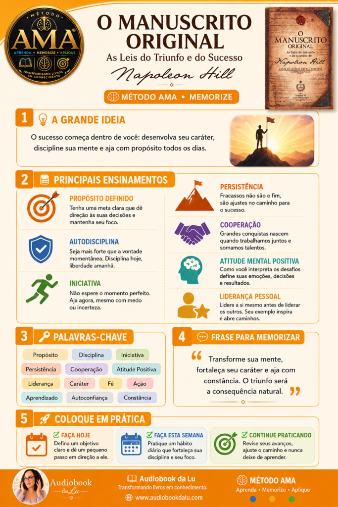 Infográfico do Método AMA sobre o livro O Manuscrito Original: As Leis do Triunfo e do Sucesso, de Napoleon Hill. O material apresenta a grande ideia da obra, seis ensinamentos principais — propósito definido, autodisciplina, iniciativa, persistência, cooperação e atitude mental positiva — além de palavras-chave, uma frase para memorização e três ações práticas para aplicar os conceitos no dia a dia. O design utiliza a identidade visual do Audiobook da Lu, com predominância da cor laranja, ilustrações modernas, a capa do livro, o selo oficial do Método AMA e a logomarca do Audiobook da Lu.