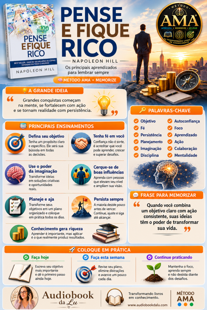 Infográfico do Método AMA sobre o livro Pense e Fique Rico, de Napoleon Hill, com os principais ensinamentos sobre definição de objetivos, autoconfiança, persistência, planejamento, imaginação, ação e mentalidade de sucesso. O material apresenta a grande ideia da obra, palavras-chave, frase para memorizar e ações práticas para aplicar os conceitos no dia a dia, acompanhado da capa do livro, do selo oficial do Método AMA e da identidade visual do Audiobook da Lu.
