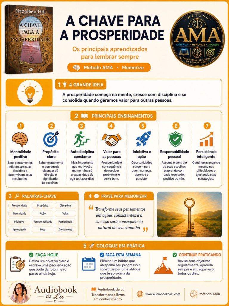 Infográfico do Método AMA sobre o livro "A Chave para a Prosperidade", de Napoleon Hill. O layout em tons de branco, laranja e dourado apresenta a capa do livro, o selo oficial do Método AMA e a logo do Audiobook da Lu. O conteúdo destaca a ideia central de que a prosperidade começa na mentalidade, cresce com disciplina e se fortalece ao gerar valor para outras pessoas. Inclui sete ensinamentos principais (mentalidade positiva, propósito claro, autodisciplina, valor para as pessoas, iniciativa, responsabilidade pessoal e persistência), palavras-chave, uma frase inspiradora para memorização e três ações práticas para aplicar os conceitos no dia a dia. No rodapé aparecem a identidade visual do Audiobook da Lu, o slogan "Transformando livros em conhecimento", o endereço do blog e a referência ao Método AMA.