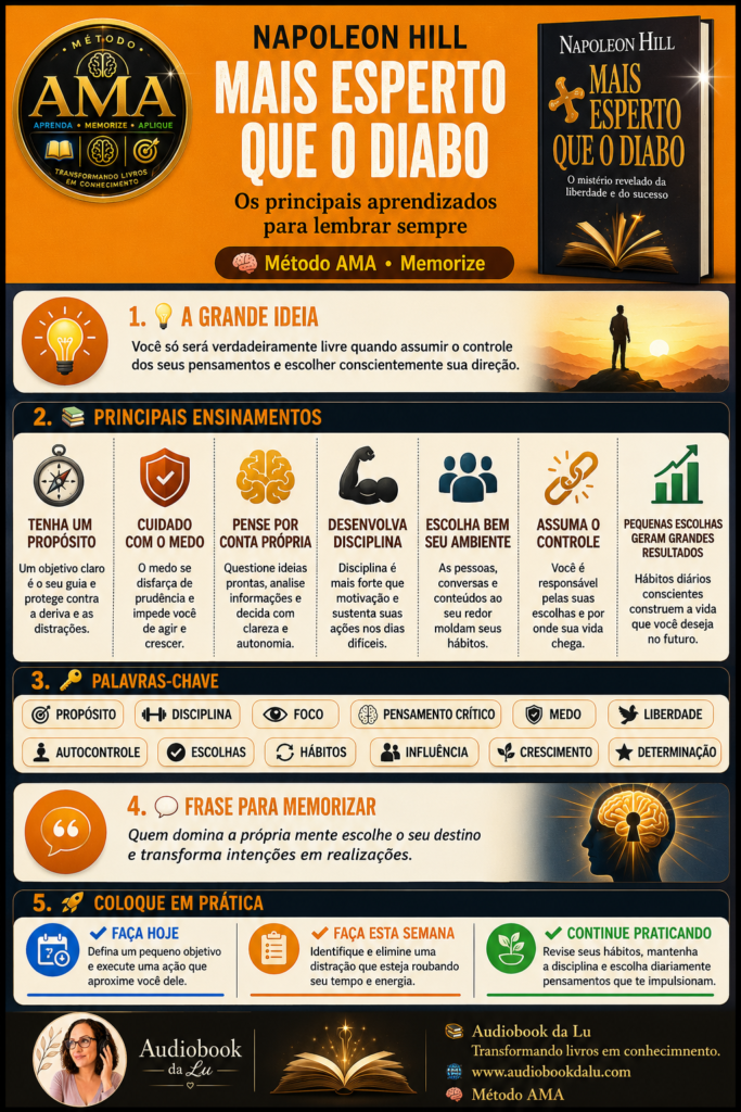 Infográfico do Método AMA sobre o livro Mais Esperto que o Diabo, de Napoleon Hill, com os principais ensinamentos da obra. O material apresenta a grande ideia do livro, sete lições essenciais sobre propósito, medo, disciplina, pensamento independente, influência do ambiente e autocontrole, além de palavras-chave, uma frase para memorizar e três ações práticas para aplicar os conceitos. O layout utiliza as cores oficiais do Método AMA, exibe a capa do livro, o selo AMA, a logo do Audiobook da Lu e o site www.audiobookdalu.com.