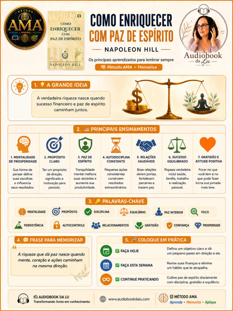 Infográfico do Método AMA com o resumo visual do livro Como Enriquecer com Paz de Espírito, de Napoleon Hill. O material apresenta a grande ideia da obra, sete ensinamentos essenciais, palavras-chave, uma frase para memorização e três ações práticas para aplicar os conceitos. O design utiliza a identidade visual do Audiobook da Lu, com a capa do livro, o selo oficial do Método AMA, a logo da marca e ilustrações que representam prosperidade, equilíbrio, disciplina, paz de espírito e desenvolvimento pessoal. O infográfico foi criado para facilitar a revisão rápida e a memorização dos principais ensinamentos sobre sucesso, mentalidade de prosperidade e equilíbrio entre riqueza financeira e bem-estar.