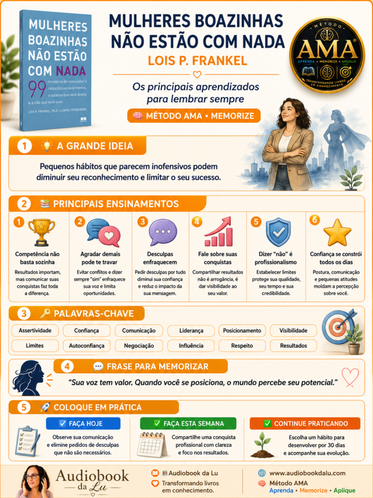 nfográfico do Método AMA sobre o livro "Mulheres Boazinhas Não Estão com Nada", de Lois P. Frankel, em formato vertical com identidade visual nas cores laranja, branco, azul e dourado. No topo, aparecem a capa do livro à esquerda, o título centralizado, o nome da autora e o selo oficial do Método AMA à direita, acompanhado da frase "Os principais aprendizados para lembrar sempre". O primeiro bloco apresenta a grande ideia da obra: pequenos hábitos aparentemente inofensivos podem limitar o reconhecimento e o sucesso profissional, ilustrado por uma mulher em postura confiante. Em seguida, seis ensinamentos são organizados em cartões com ícones: competência não basta sozinha, agradar demais pode limitar oportunidades, desculpas enfraquecem a comunicação, é importante comunicar conquistas, dizer "não" faz parte do profissionalismo e a confiança é construída diariamente. A seção de palavras-chave destaca conceitos como assertividade, comunicação, liderança, visibilidade, limites, negociação, influência e respeito. O infográfico inclui uma frase inspiradora sobre posicionamento profissional e um bloco de ações práticas dividido em "Faça hoje", "Faça esta semana" e "Continue praticando". No rodapé aparecem a logo do Audiobook da Lu, o slogan "Transformando livros em conhecimento", o endereço www.audiobookdalu.com e a identificação do Método AMA.