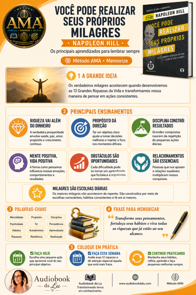 Infográfico do Método AMA sobre o livro Você Pode Realizar Seus Próprios Milagres, de Napoleon Hill, destacando a grande ideia da obra, os principais ensinamentos, palavras-chave, frase para memorizar e ações práticas para aplicar os conceitos das 12 Grandes Riquezas da Vida. O material inclui a capa do livro, o selo oficial do Método AMA, a logo do Audiobook da Lu e o endereço www.audiobookdalu.com.
