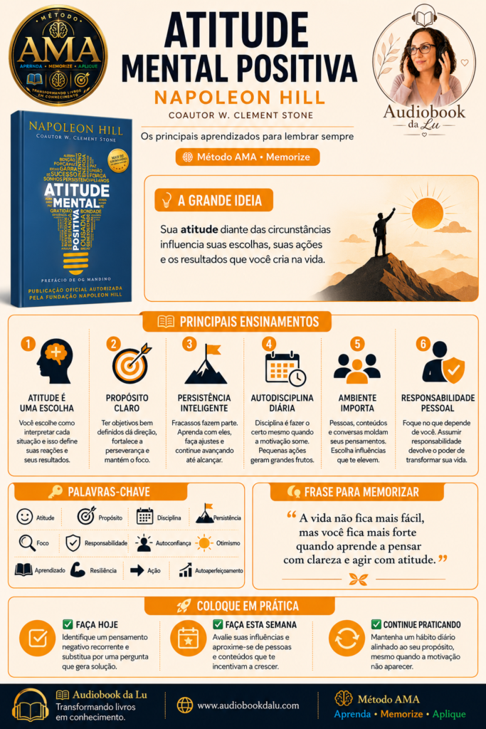 Infográfico vertical do Método AMA sobre o livro "Atitude Mental Positiva", de Napoleon Hill e W. Clement Stone. No topo, aparecem o selo oficial do Método AMA, a logo do Audiobook da Lu, o título do livro e a identificação da etapa Memorize. À esquerda está a capa do livro e, ao centro, um bloco com a ideia principal: a atitude diante das circunstâncias influencia escolhas, ações e resultados. A seção Principais Ensinamentos apresenta seis conceitos ilustrados por ícones: atitude é uma escolha, propósito claro, persistência inteligente, autodisciplina diária, importância do ambiente e responsabilidade pessoal. Na parte inferior há um bloco de Palavras-chave com termos como atitude, propósito, disciplina, persistência, foco, responsabilidade, autoconfiança, otimismo, aprendizado, resiliência, ação e autoaperfeiçoamento. Ao lado, uma frase inspirada no livro resume a mensagem central sobre fortalecer a mente para agir com clareza. O infográfico termina com a seção Coloque em Prática, sugerindo ações para fazer hoje, nesta semana e continuar praticando, além do rodapé com a identidade visual do Audiobook da Lu, o site www.audiobookdalu.com e o slogan "Transformando livros em conhecimento".