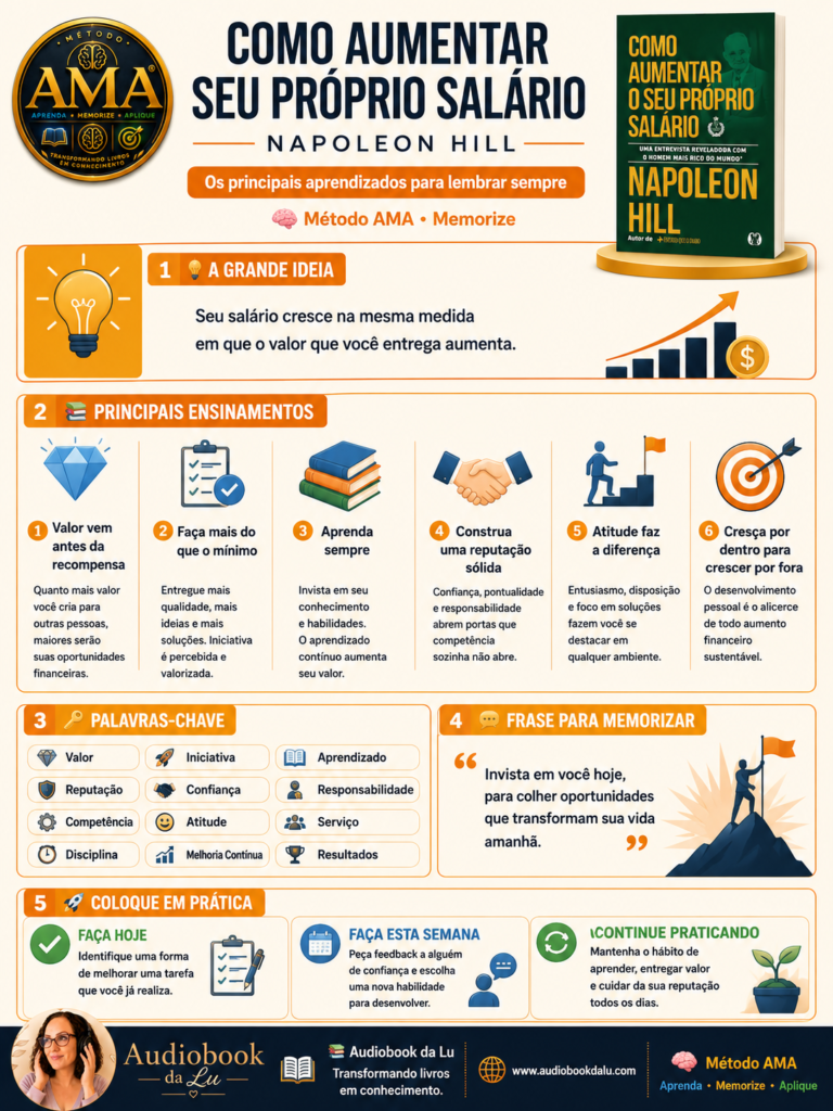 Infográfico do Método AMA com o resumo visual do livro Como Aumentar Seu Próprio Salário, de Napoleon Hill, destacando os principais ensinamentos sobre geração de valor, aprendizado contínuo, reputação profissional, atitude, desenvolvimento pessoal e ações práticas para crescer na carreira. Inclui a capa do livro, o selo oficial do Método AMA e a identidade visual do Audiobook da Lu.