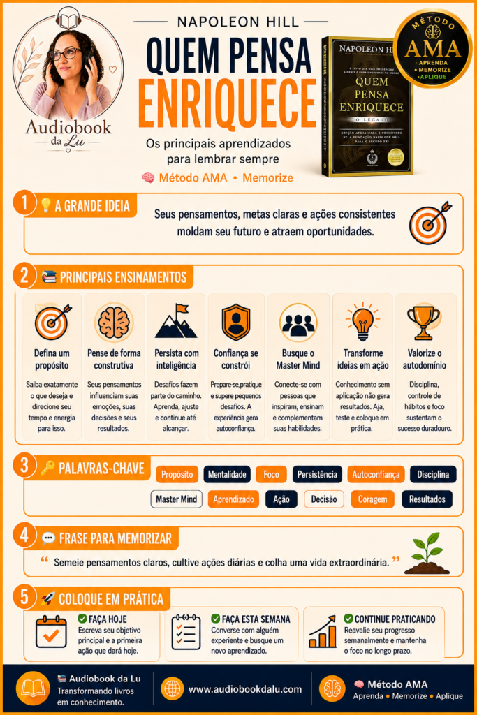 Infográfico do Método AMA sobre o livro Quem Pensa Enriquece, de Napoleon Hill, com identidade visual do Audiobook da Lu em tons de laranja, azul e verde. O material apresenta a grande ideia da obra, sete ensinamentos principais, palavras-chave como propósito, persistência, autoconfiança e disciplina, uma frase inspiradora para memorização e três ações práticas para aplicar os conceitos no dia a dia. A capa do livro, a logo do Audiobook da Lu e o selo oficial do Método AMA aparecem em destaque, reforçando a proposta de transformar livros em conhecimento.