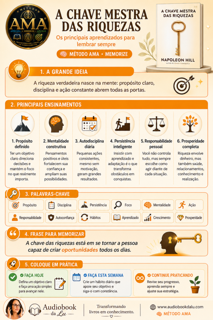Infográfico do Método AMA com resumo visual do livro A Chave Mestra das Riquezas, de Napoleon Hill. O material apresenta a grande ideia da obra, seis ensinamentos principais, palavras-chave, uma frase para memorizar e ações práticas para aplicar os conceitos de propósito, disciplina, persistência, mentalidade de crescimento e prosperidade. Inclui a capa do livro, o selo oficial do Método AMA e a identidade visual do Audiobook da Lu.