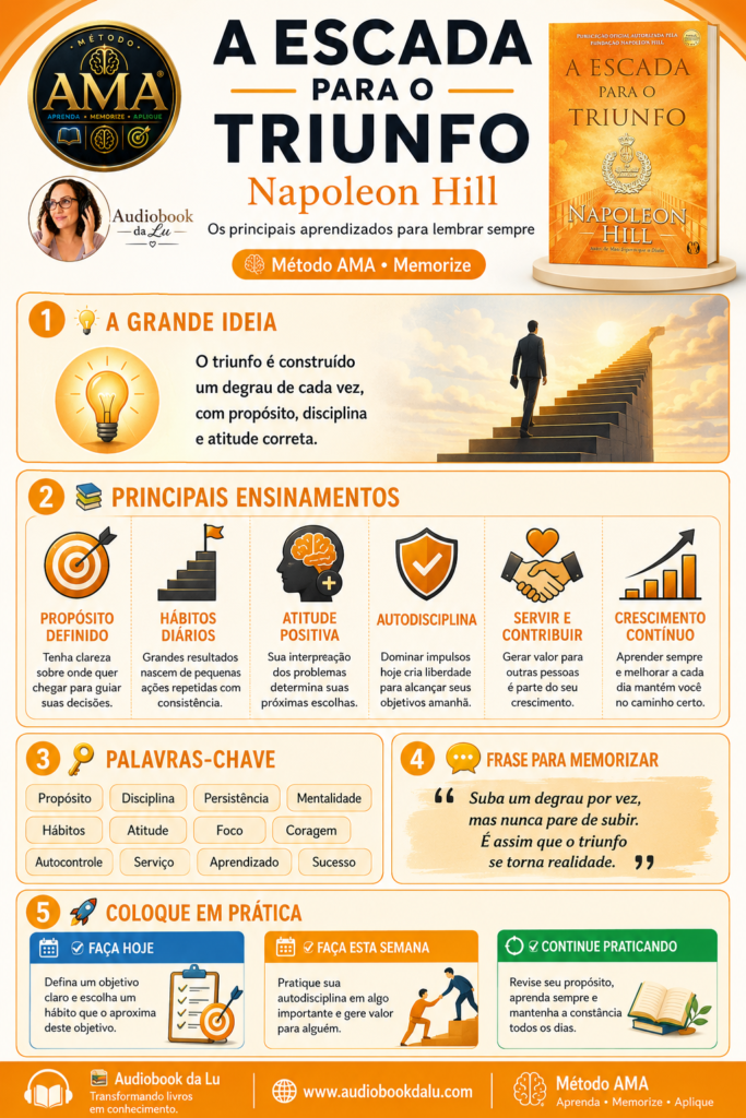 Infográfico do Método AMA sobre o livro A Escada para o Triunfo, de Napoleon Hill. O layout em tons de laranja destaca a capa do livro, o selo oficial do Método AMA e a logo do Audiobook da Lu. O conteúdo resume a obra em cinco blocos: a grande ideia, principais ensinamentos, palavras-chave, frase para memorizar e ações práticas. Os conceitos centrais incluem propósito definido, hábitos diários, atitude positiva, autodisciplina, servir ao próximo e crescimento contínuo. Na parte inferior, há orientações para colocar os ensinamentos em prática e a assinatura do Audiobook da Lu com o slogan "Transformando livros em conhecimento" e o site www.audiobookdalu.com.