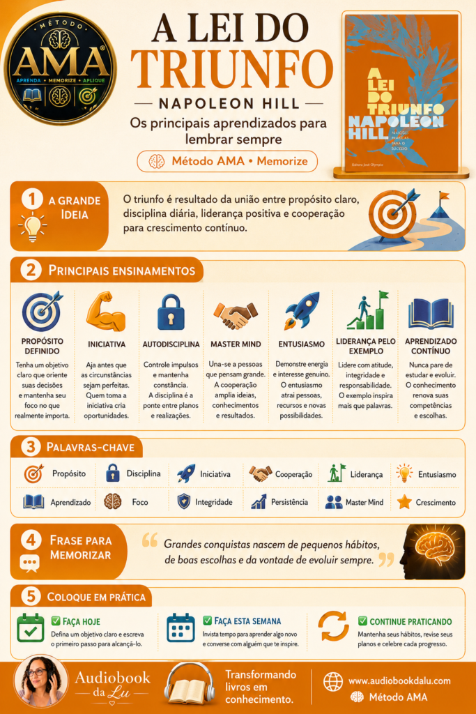 Infográfico educativo do Método AMA sobre o livro "A Lei do Triunfo", de Napoleon Hill, em layout vertical com predominância das cores laranja, branco e dourado. No topo aparecem o selo oficial do Método AMA, o título do livro, o nome do autor e a capa da obra, acompanhados da frase "Os principais aprendizados para lembrar sempre". O conteúdo é organizado em cinco blocos: A Grande Ideia, resumindo que o triunfo resulta de propósito, disciplina, liderança e cooperação; Principais Ensinamentos, destacando propósito definido, iniciativa, autodisciplina, Master Mind, entusiasmo, liderança pelo exemplo e aprendizado contínuo, cada um ilustrado por ícones; Palavras-chave, reunindo conceitos como propósito, disciplina, iniciativa, cooperação, liderança, entusiasmo, aprendizado, foco, integridade, persistência, Master Mind e crescimento; Frase para Memorizar, reforçando que grandes conquistas nascem de pequenos hábitos e boas escolhas; e Coloque em Prática, com ações para fazer hoje, nesta semana e continuar praticando. No rodapé aparecem a logo do Audiobook da Lu, o slogan "Transformando livros em conhecimento", o endereço www.audiobookdalu.com e a identificação do Método AMA.