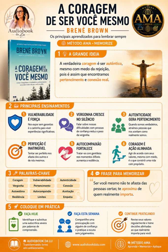 Infográfico do livro "A Coragem de Ser Você Mesmo", de Brené Brown, no padrão do Método AMA do Audiobook da Lu. O layout utiliza tons de laranja, branco e dourado, com a capa do livro, a logo do Audiobook da Lu e o selo oficial do Método AMA no topo. O conteúdo apresenta a grande ideia da obra, destacando que a verdadeira coragem está em viver com autenticidade mesmo diante do medo da rejeição. Em seguida, resume seis ensinamentos principais sobre vulnerabilidade, vergonha, autenticidade, perfeccionismo, autocompaixão e coragem alinhada aos valores pessoais, ilustrados por ícones coloridos. Há uma seção com palavras-chave como coragem, vulnerabilidade, pertencimento e empatia, uma frase inspiradora para memorização e um bloco prático com ações para fazer hoje, nesta semana e continuamente. No rodapé aparecem a assinatura do Audiobook da Lu, o slogan "Transformando livros em conhecimento", o endereço www.audiobookdalu.com e a referência ao Método AMA.
