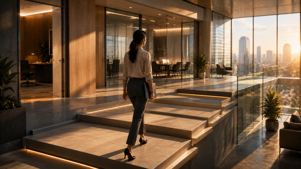 Mulher avança passo a passo em ambiente corporativo, simbolizando confiança e crescimento profissional.