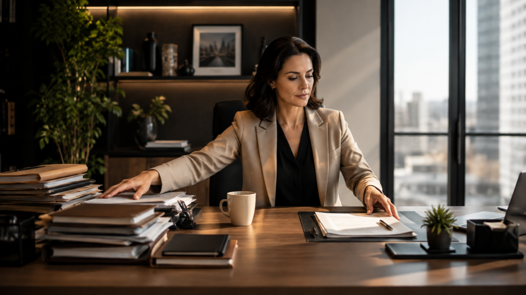 Mulher organiza prioridades entre várias demandas, representando assertividade e limites no trabalho.