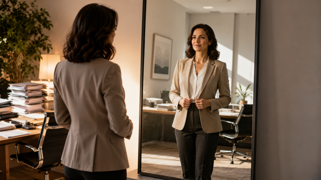 Mulher observa no espelho uma versão mais segura e assertiva de si mesma no ambiente profissional.