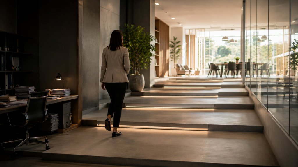 Mulher sobe pequenos níveis em ambiente corporativo, simbolizando evolução profissional gradual.