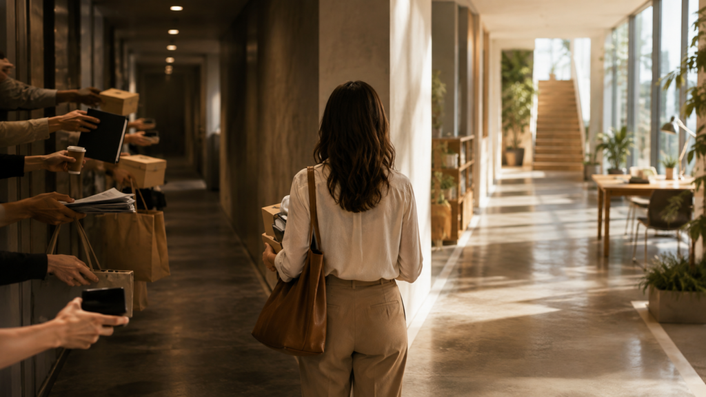 Mulher diante de dois caminhos, entre demandas dos outros e um percurso de crescimento pessoal e financeiro.