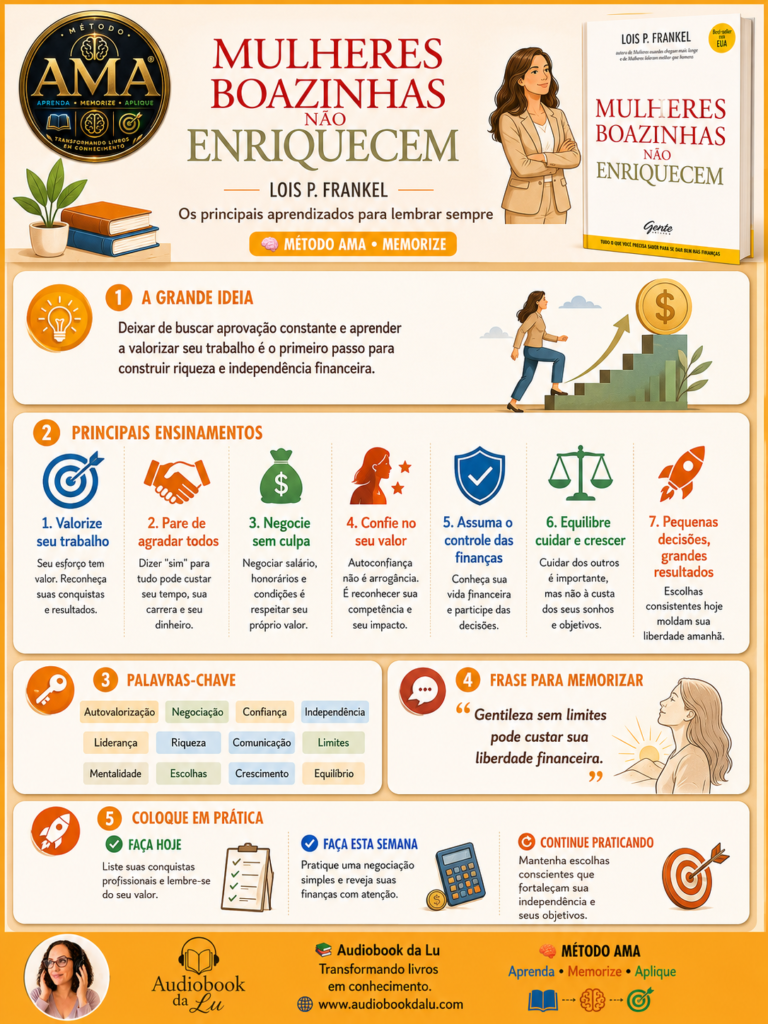 Infográfico educativo do Método AMA – Memorize sobre o livro "Mulheres Boazinhas Não Enriquecem", de Lois P. Frankel, em formato vertical (3:4), com design premium em tons de laranja, branco e dourado. O cabeçalho apresenta o selo oficial do Método AMA, o título do livro, a autora, a capa da obra, uma ilustração de uma mulher em postura confiante e a logo do Audiobook da Lu. Logo abaixo, o subtítulo informa que o material reúne os principais aprendizados para lembrar sempre.
O primeiro bloco, "A Grande Ideia", destaca que abandonar a necessidade constante de aprovação e aprender a valorizar o próprio trabalho é o primeiro passo para construir riqueza e independência financeira. O segundo bloco reúne sete ensinamentos essenciais, ilustrados por ícones coloridos: valorizar o próprio trabalho, parar de agradar a todos, negociar sem culpa, confiar no próprio valor, assumir o controle das finanças, equilibrar cuidado com crescimento pessoal e entender que pequenas decisões geram grandes resultados.
Na sequência, o bloco "Palavras-chave" apresenta conceitos como autovalorização, negociação, confiança, independência, liderança, riqueza, comunicação, limites, mentalidade, escolhas, crescimento e equilíbrio. Ao lado, a seção "Frase para Memorizar" traz a mensagem: “Gentileza sem limites pode custar sua liberdade financeira.”
Na parte inferior, o bloco "Coloque em Prática" sugere três ações objetivas: reconhecer as próprias conquistas hoje, praticar uma negociação simples durante a semana e manter escolhas conscientes que fortaleçam a independência financeira. O rodapé exibe a logo do Audiobook da Lu, o endereço www.audiobookdalu.com e a assinatura visual do Método AMA – Aprenda • Memorize • Aplique. O layout utiliza ícones, ilustrações e blocos organizados para facilitar a revisão rápida e a memorização dos principais conceitos do livro.