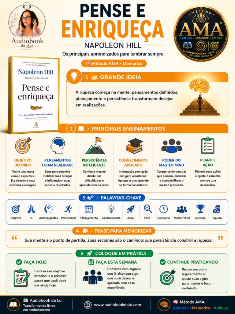 Infográfico do Método AMA sobre o livro "Pense e Enriqueça", de Napoleon Hill, em formato vertical com predominância das cores laranja, branco e dourado. No topo, aparecem a logo do Audiobook da Lu à esquerda, o selo oficial do Método AMA à direita e o título "Pense e Enriqueça" ao centro, seguido do nome do autor e da frase "Os principais aprendizados para lembrar sempre". A capa do livro é exibida na lateral esquerda. O conteúdo é dividido em cinco blocos: A Grande Ideia, resumindo que riqueza começa com pensamentos, planejamento e persistência; Principais Ensinamentos, com seis conceitos ilustrados: objetivo definido, pensamentos criam realidade, persistência inteligente, conhecimento aplicado, poder do Master Mind e plano e ação; Palavras-chave, destacando termos como objetivo, fé, autossugestão, persistência, planejamento, conhecimento, ação, foco, disciplina, Master Mind, sucesso e riqueza; Frase para Memorizar, reforçando que a mente inicia a jornada e a persistência constrói resultados; e Coloque em Prática, com três ações: fazer hoje, fazer esta semana e continuar praticando. No rodapé aparecem a marca Audiobook da Lu, o endereço www.audiobookdalu.com e a identificação do Método AMA com o slogan "Transformando livros em conhecimento".